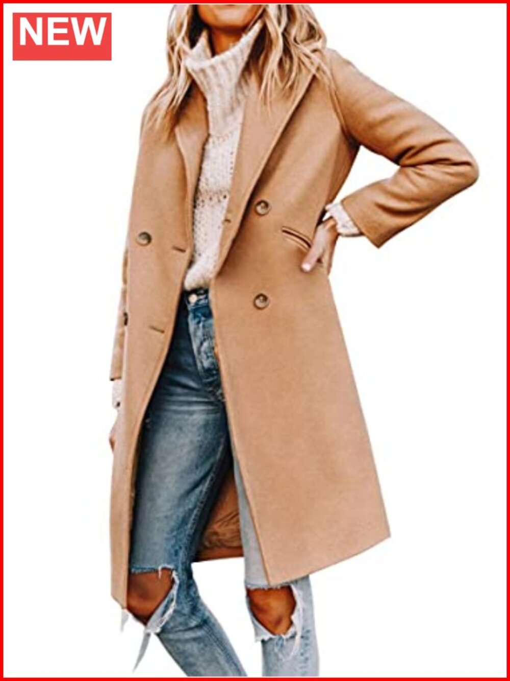 Women's Notched Lapel Double Breasted Pea Coat Mid Long Slim Fit